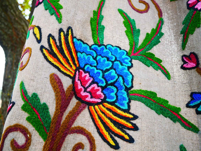Hand-Embroidered Floral Curtain from Kashmir – Cotton & Wool Boho Bedroom Curtain