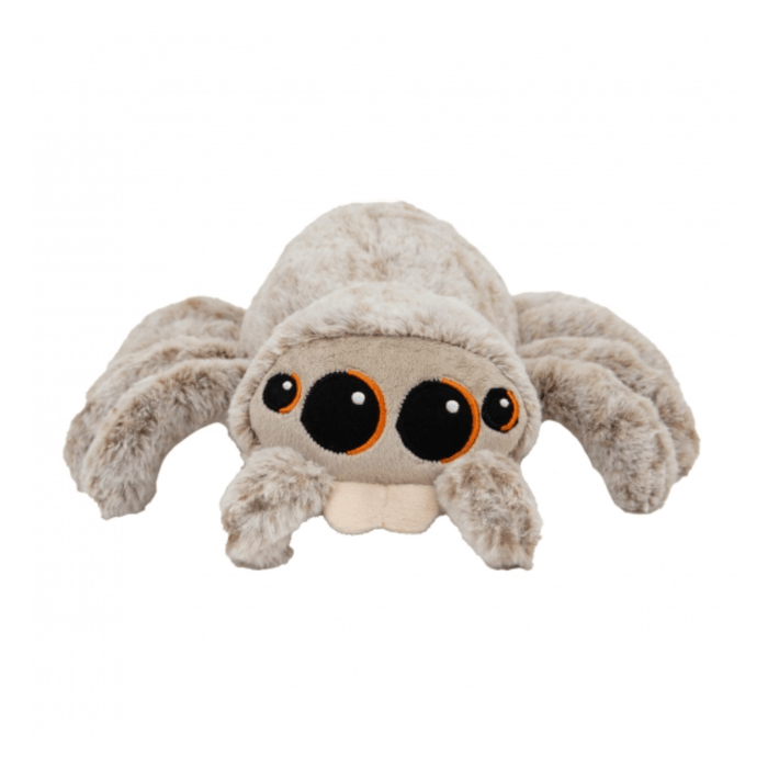 White background with a fluffy brown Sid the Spider dog toy pictured.