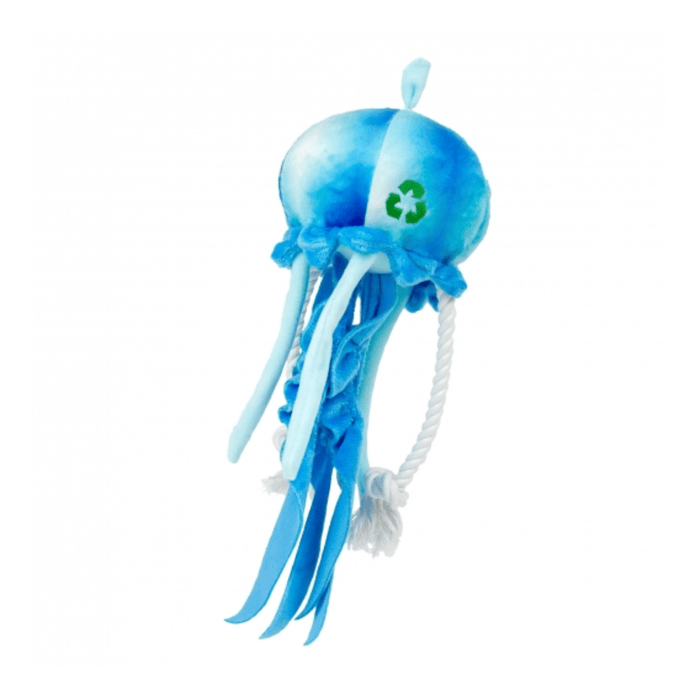 White background with a blue and white Ancol Made From Jelly Fish dog toy.