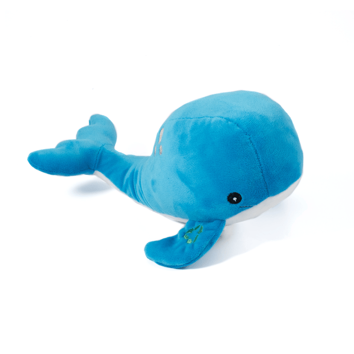 White background with a blue and white Ancol Made From Whale dog toy.