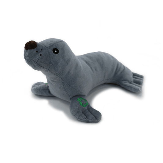 White background with a grey Ancol Made From Seal dog toy.