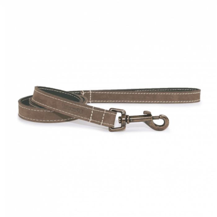 White background with a brown leather Ancol Timberwolf lead with a metal clip.