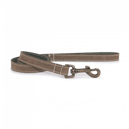 White background with a brown leather Ancol Timberwolf lead with a metal clip.