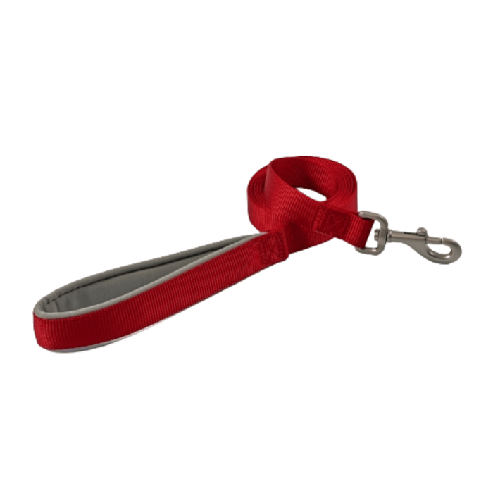 White background with a red Ancol Padded lead with a metal clip on the end.