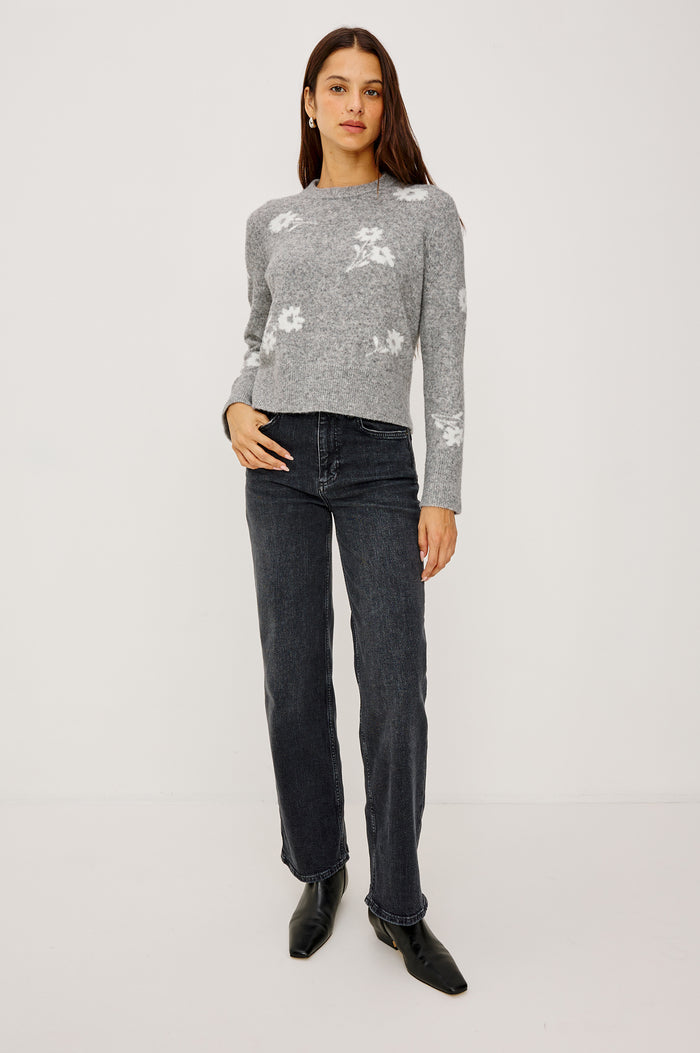 Anise Sweater in Wool Blend With Contrast Floral Motifs, Crew Neckline, Long Sleeves, and Relaxed Boxy Fit in Heather Floral Colorway - Full Body Front View Featured on Model