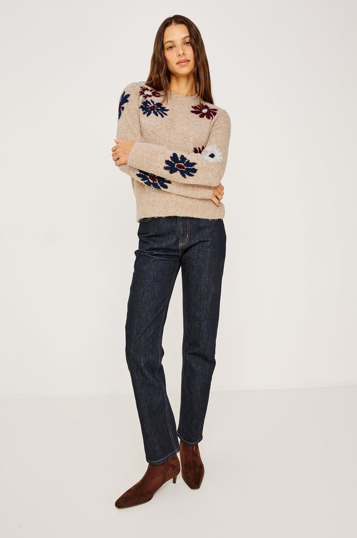 Anise Sweater in Wool Blend With Contrast Floral Motifs, Crew Neckline, Long Sleeves, and Relaxed Boxy Fit in Oat Daisies Colorway - Full Body Front View Featured on Model