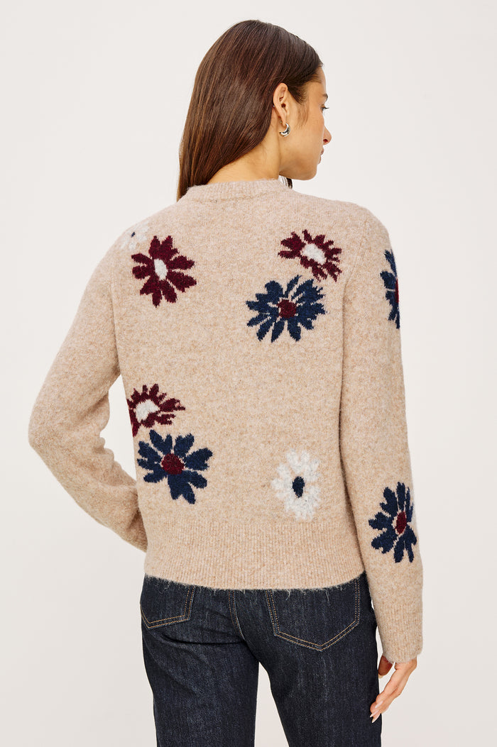 Anise Sweater in Wool Blend With Contrast Floral Motifs, Crew Neckline, Long Sleeves, and Relaxed Boxy Fit in Oat Daisies Colorway - Upper Body Back View Featured on Model