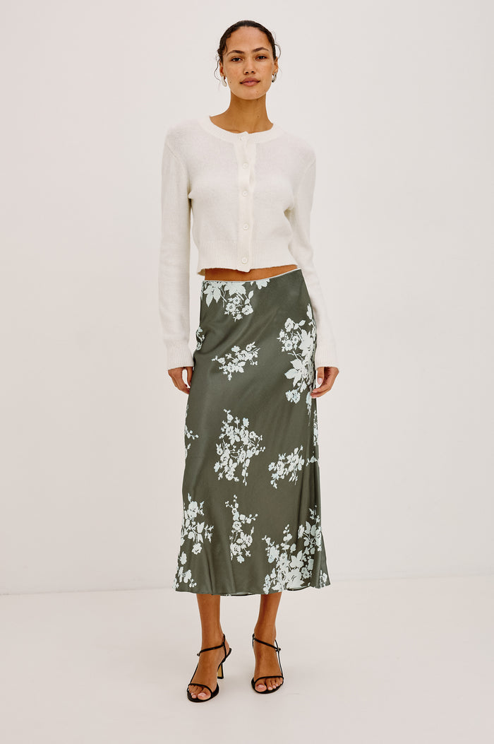 Anya Midi Skirt in Satin-Back Crepe, High-Rise Elastic Waistband, Pull-On FIt in Lace Floral Colorway - Lower Body Front View Featured on Model