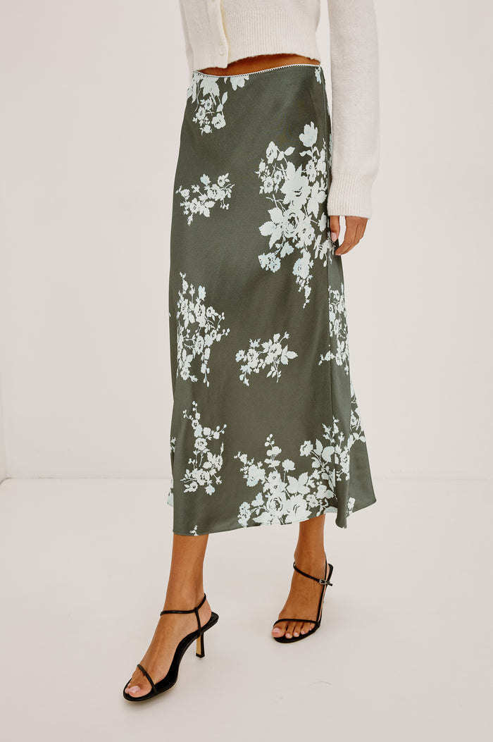 Anya Midi Skirt in Satin-Back Crepe, High-Rise Elastic Waistband, Pull-On FIt in Lace Floral Colorway - Lower Body Front View Featured on Model