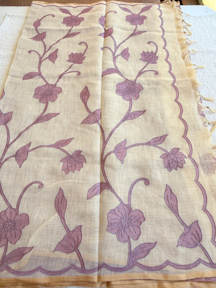 Appliqué Emb work tussar cotton saree