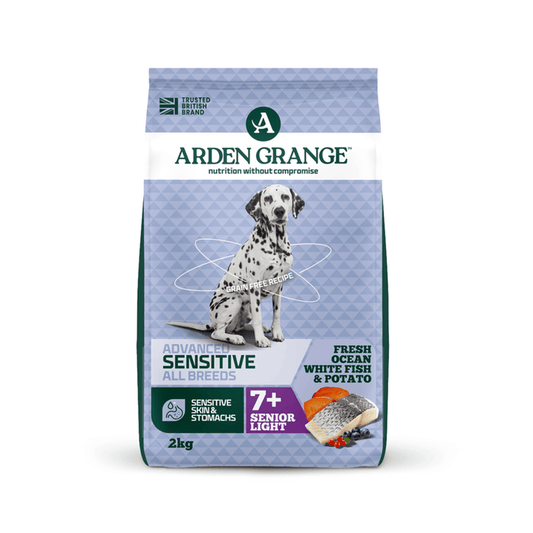 A 2kg bag of Arden Grange, Advanced Sensitive, All Breeds dog food for senior light dogs, featuring a Dalmatian on the packaging against a light blue patterned background.