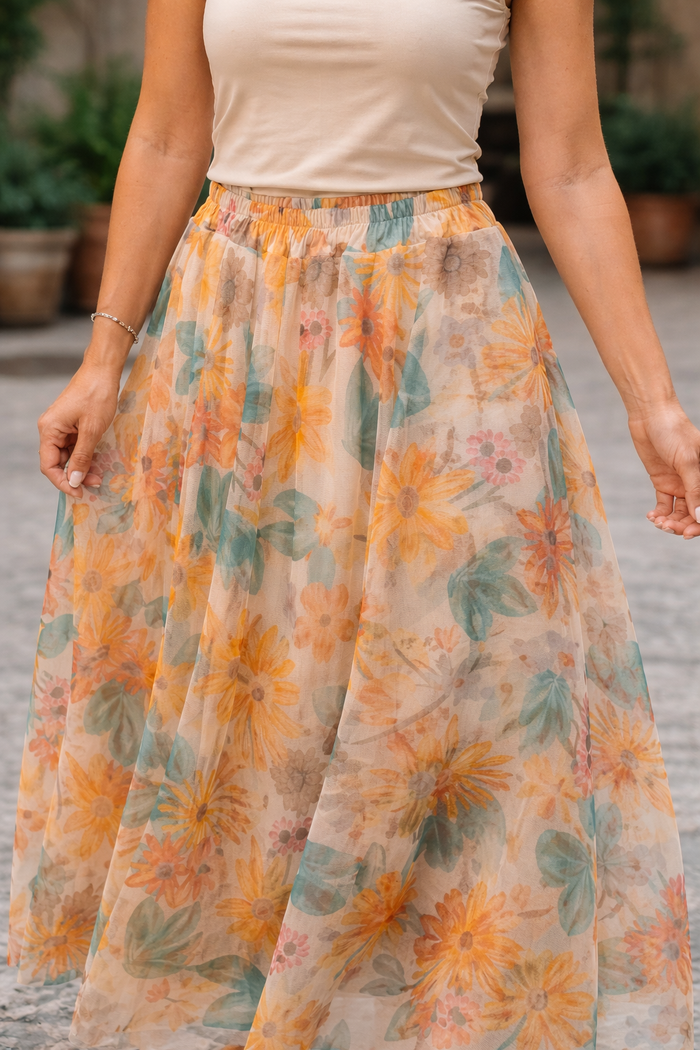 Ariane Floral Tulle Skirt Orange