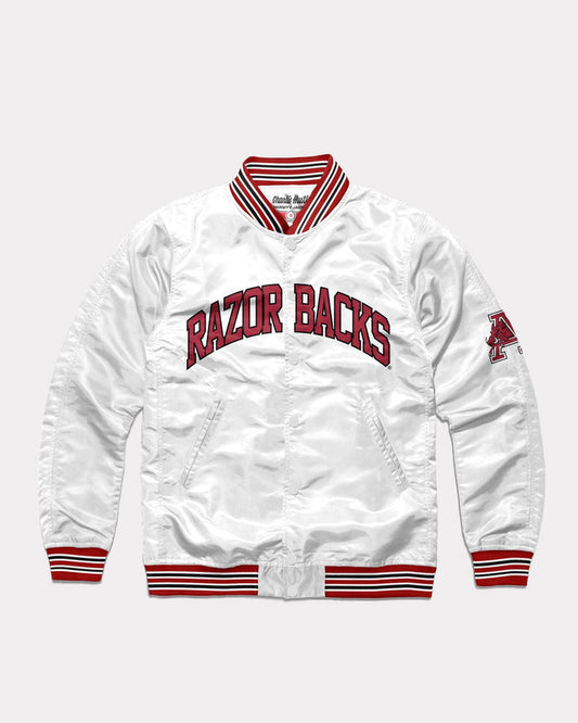White Arkansas Razorbacks Arch Vintage Varsity Jacket Front