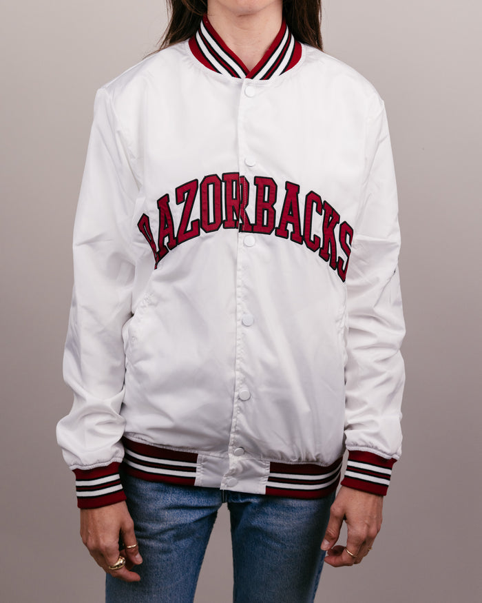 White Arkansas Razorbacks Arch Vintage Varsity Jacket Front
