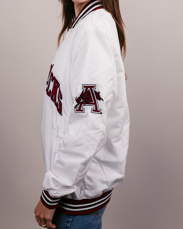 White Arkansas Razorbacks Arch Vintage Varsity Jacket Front Side