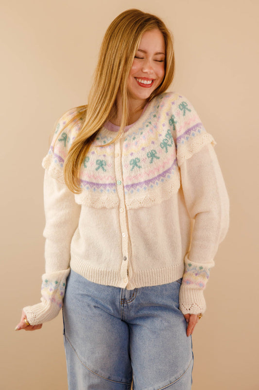 Women's Fair Isle Cardigan- Pastel Ruffle Cardigan- Women's Spring Cardigan