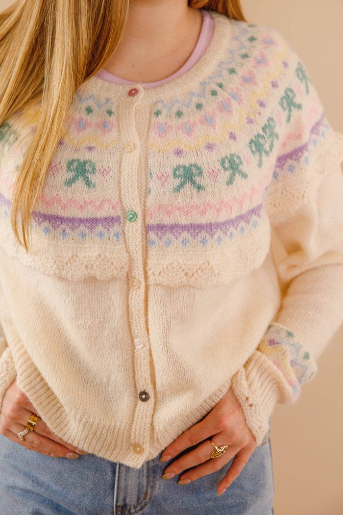 Women's Fair Isle Cardigan- Pastel Ruffle Cardigan- Women's Spring Cardigan
