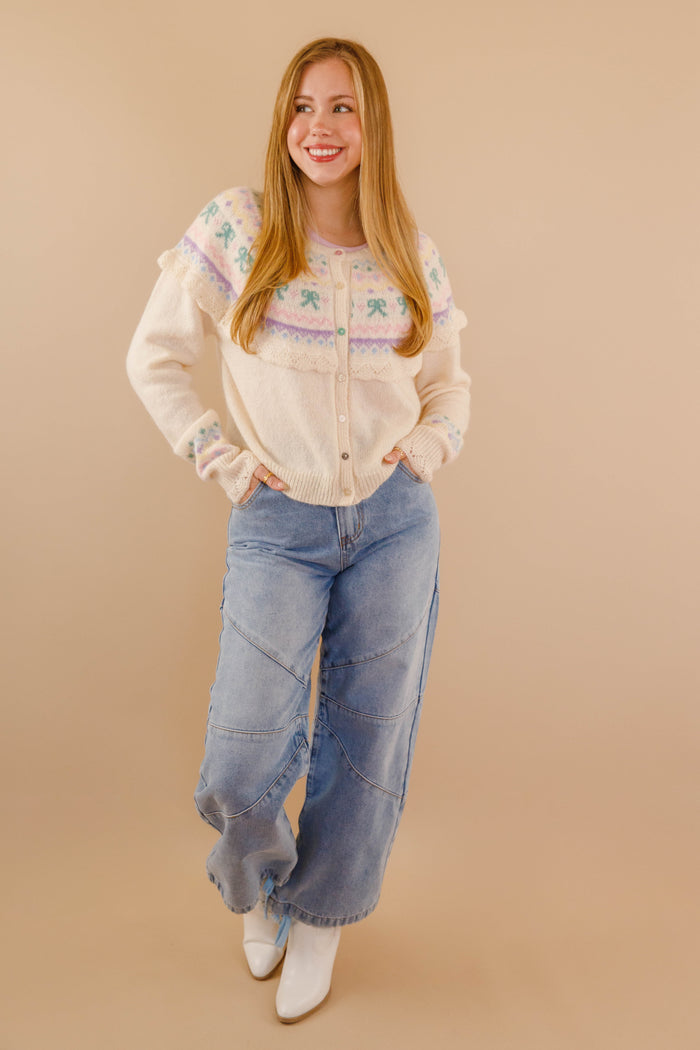 Women's Fair Isle Cardigan- Pastel Ruffle Cardigan- Women's Spring Cardigan
