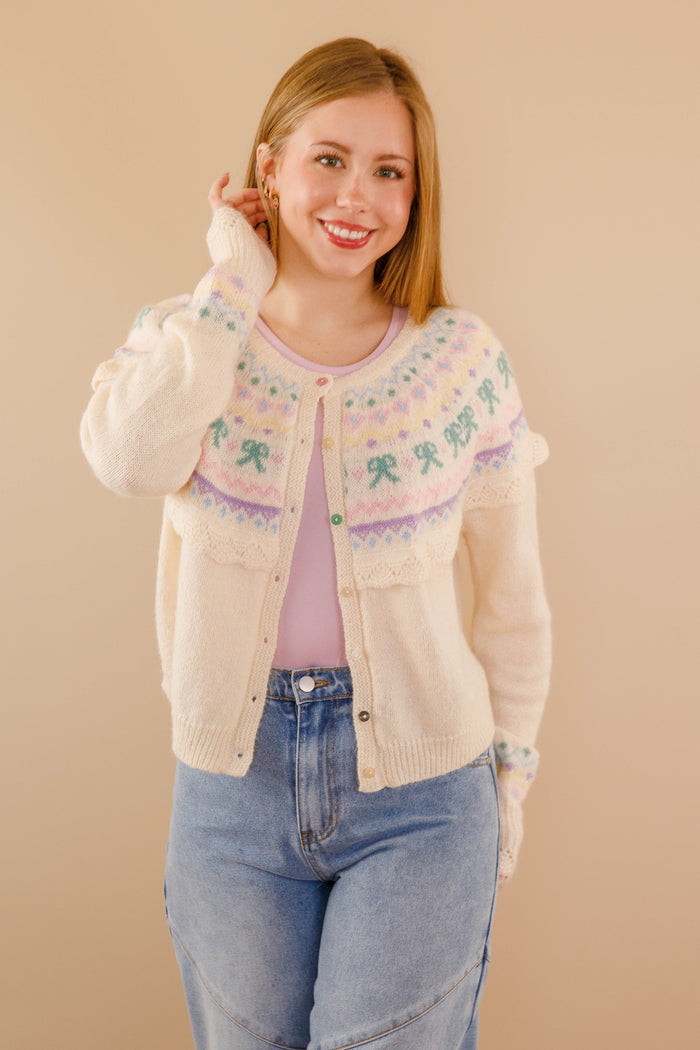 Women's Fair Isle Cardigan- Pastel Ruffle Cardigan- Women's Spring Cardigan