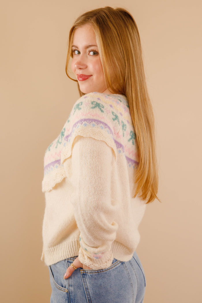 Women's Fair Isle Cardigan- Pastel Ruffle Cardigan- Women's Spring Cardigan