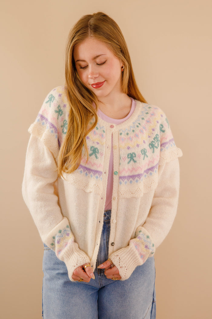Women's Fair Isle Cardigan- Pastel Ruffle Cardigan- Women's Spring Cardigan
