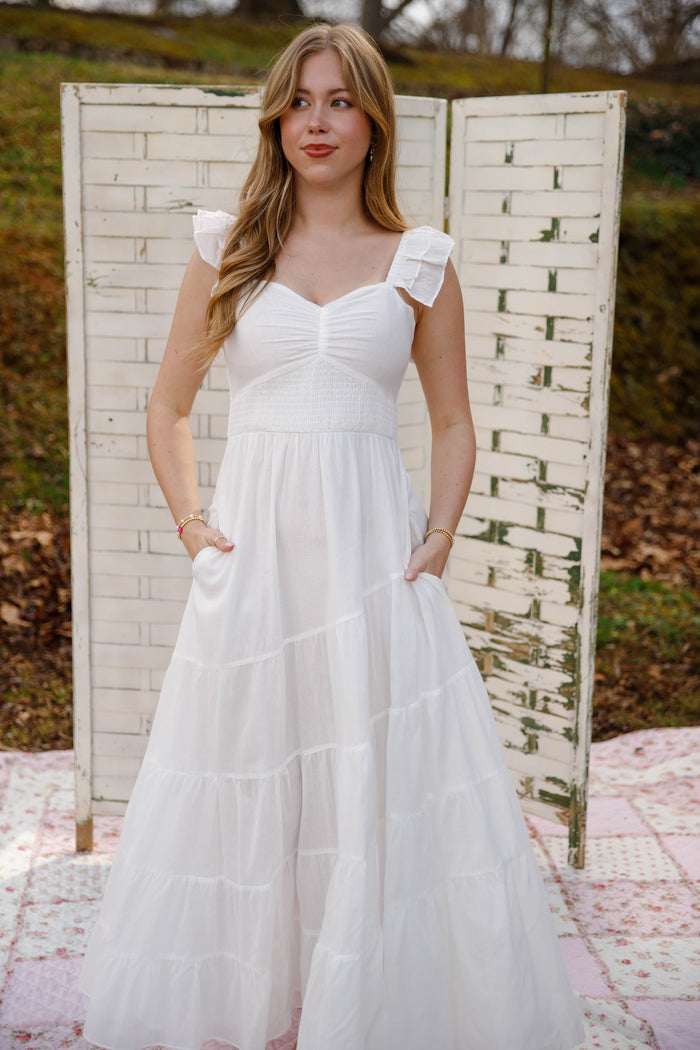 White Tiered Maxi Dress – Ruffle Strap Smocked Waist Dress with Pockets