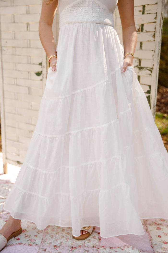 White Tiered Maxi Dress – Ruffle Strap Smocked Waist Dress with Pockets