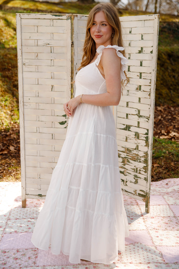 White Tiered Maxi Dress – Ruffle Strap Smocked Waist Dress with Pockets