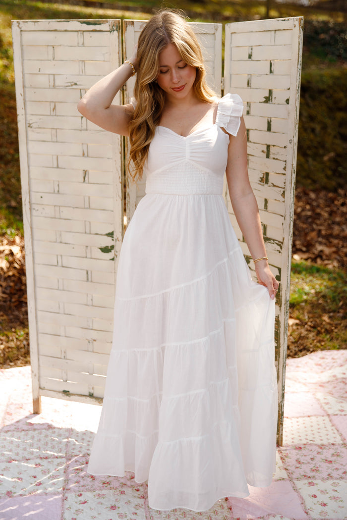 White Tiered Maxi Dress – Ruffle Strap Smocked Waist Dress with Pockets