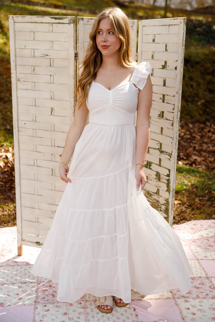 White Tiered Maxi Dress – Ruffle Strap Smocked Waist Dress with Pockets