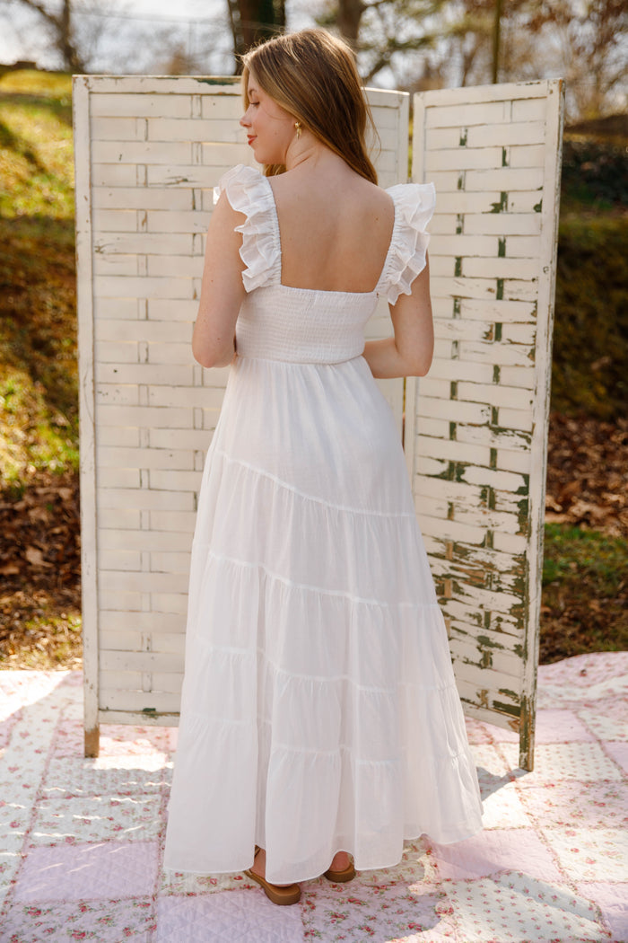White Tiered Maxi Dress – Ruffle Strap Smocked Waist Dress with Pockets