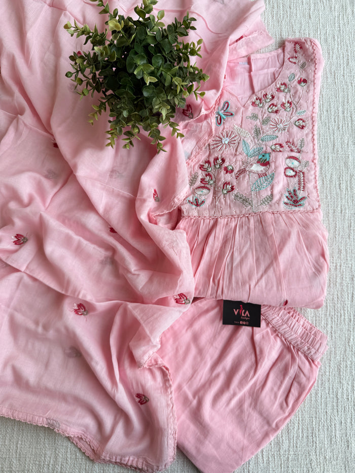 Baby pink Neck emb pure cotton suit set