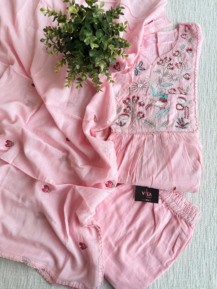 Baby pink Neck emb pure cotton suit set