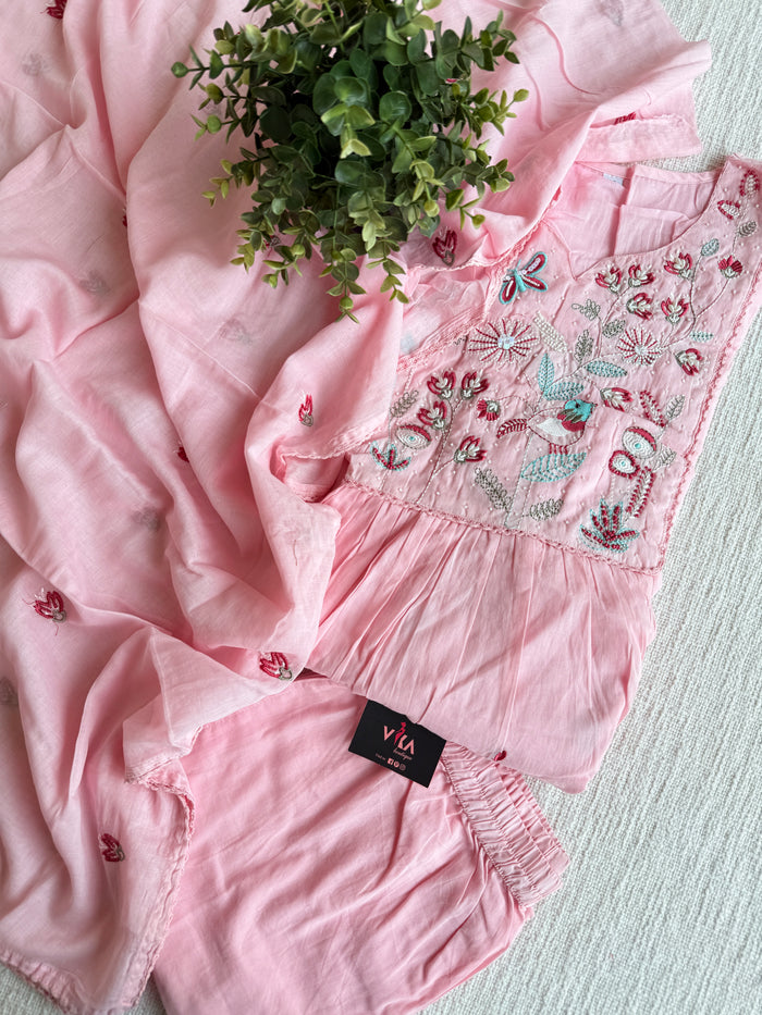 Baby pink Neck emb pure cotton suit set