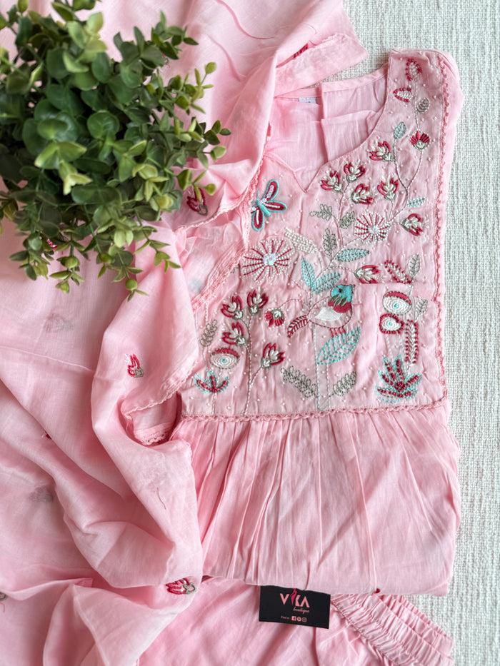 Baby pink Neck emb pure cotton suit set