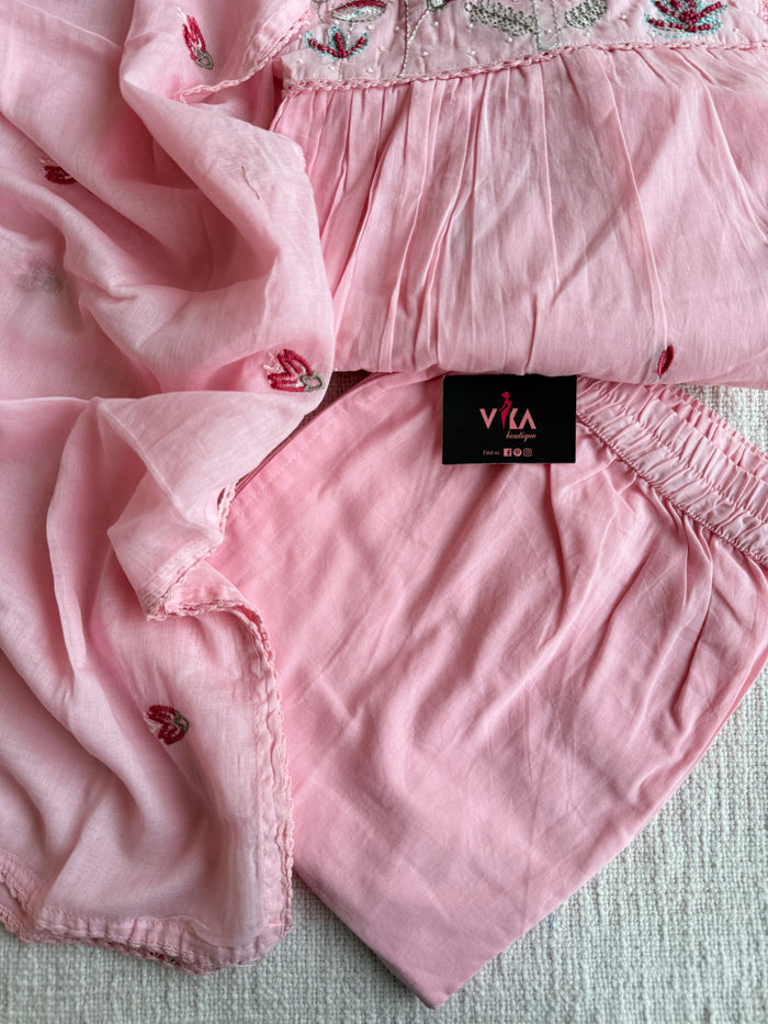 Baby pink Neck emb pure cotton suit set