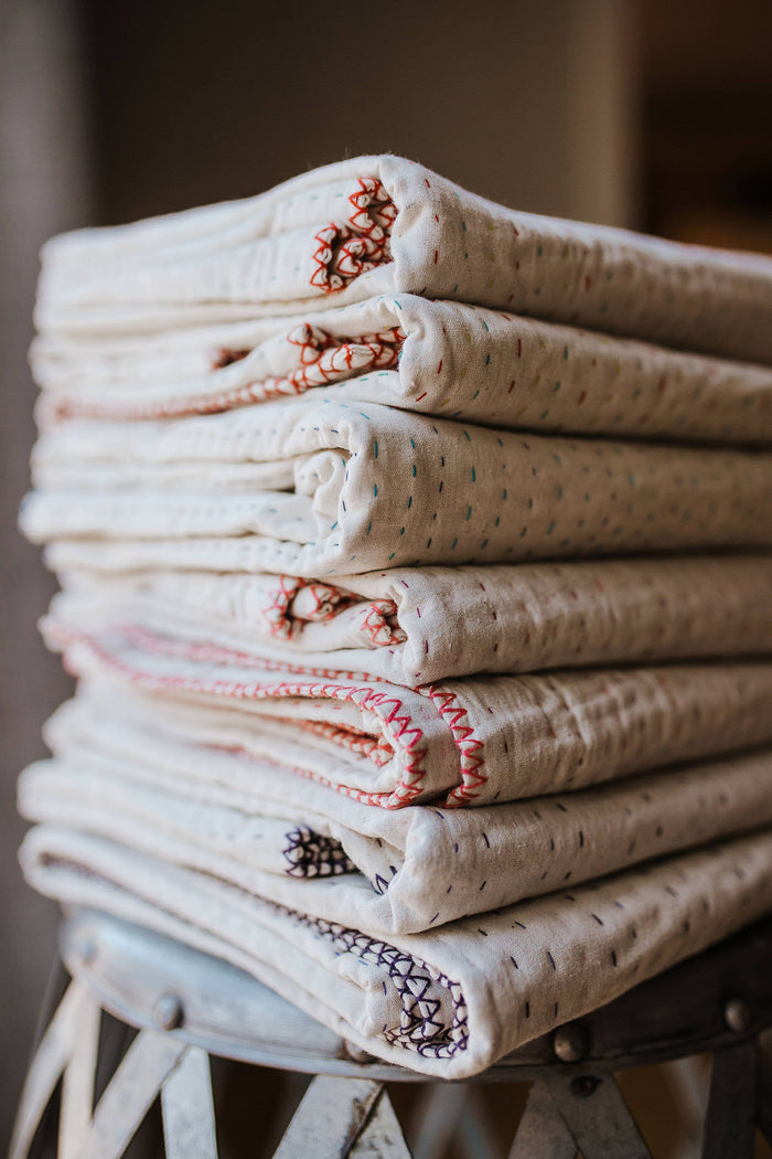 Basha Natural Kantha Throw Blanket : Shades of blue