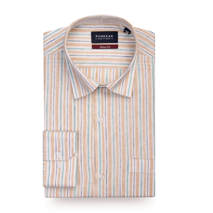 Beige & Aqua Striped Blend Cotton Shirt for Men - Punekar Cotton