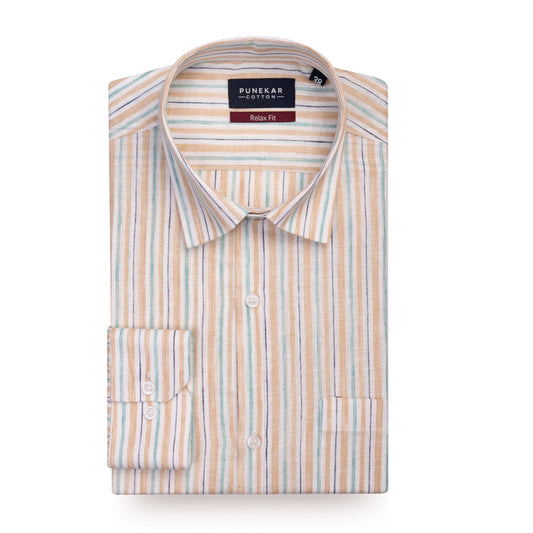 Beige & Aqua Striped Blend Cotton Shirt for Men - Punekar Cotton