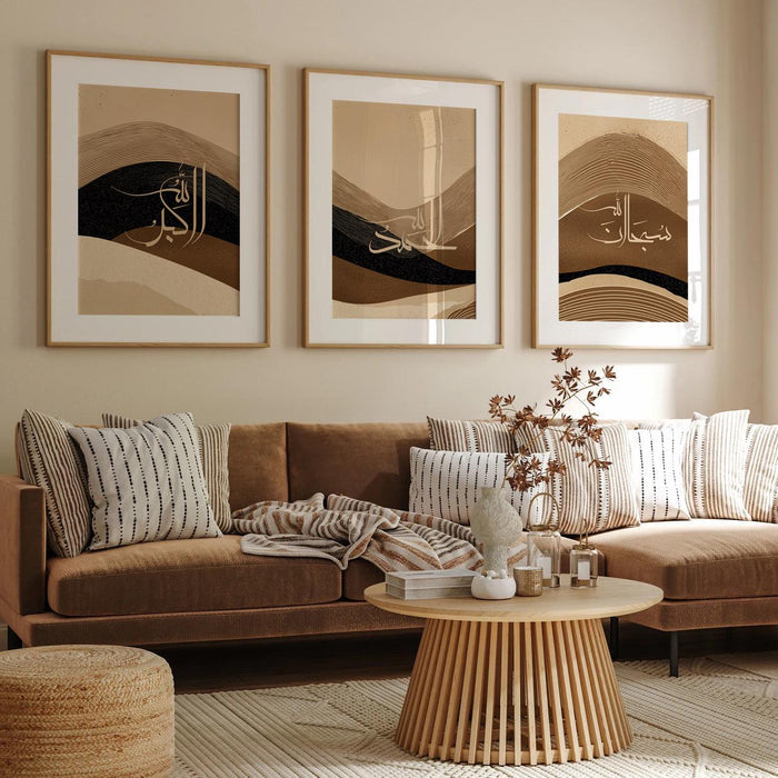Three-piece wall art group displayed together on a white wall
