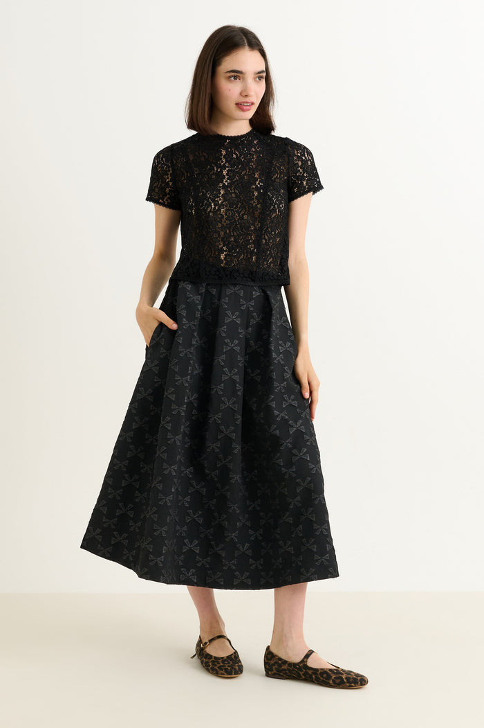 Belita Bow Black Jacquard Midi Skirt - Bascora