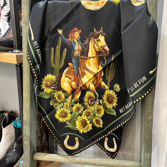 Black silk scarf with cowgirl and sunflowers.