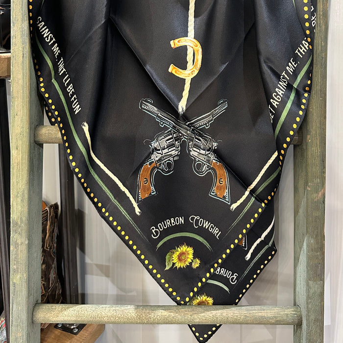 Black scarf with guns and a horseshoe.
