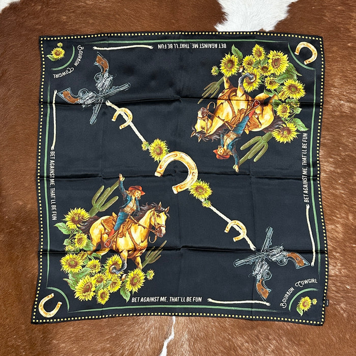 Black scarf with cowboy and sunflower design.
