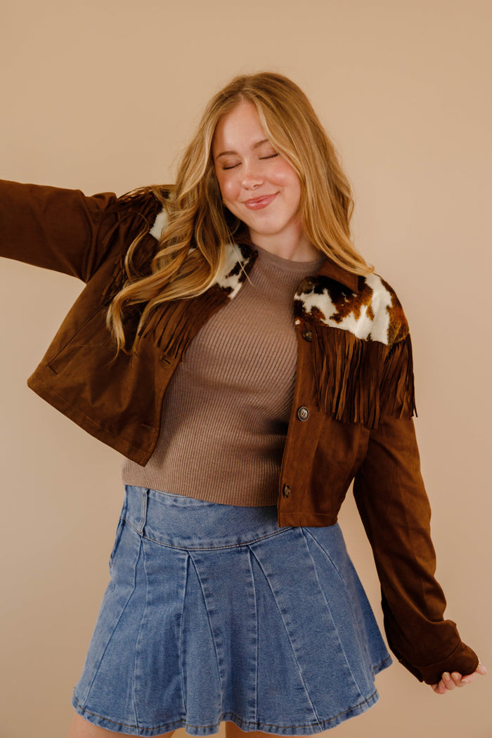 Women's Faux Suede Cowhide Jacket- Women's Western Fringe Jacket- Women's Rodeo Outfit