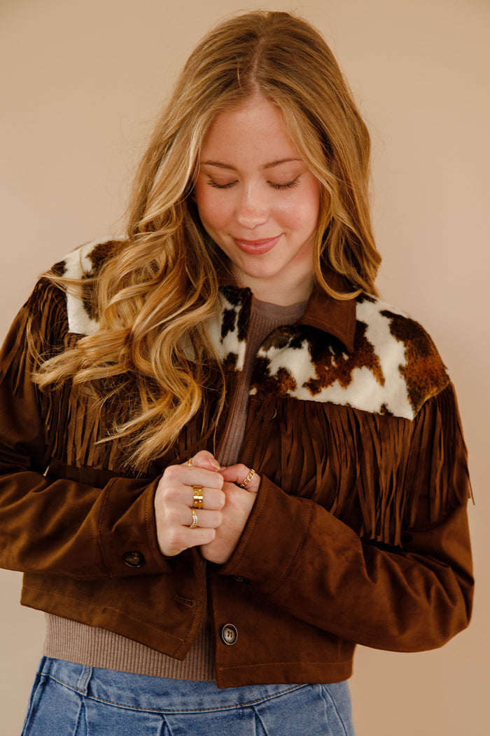 Women's Faux Suede Cowhide Jacket- Women's Western Fringe Jacket- Women's Rodeo Outfit