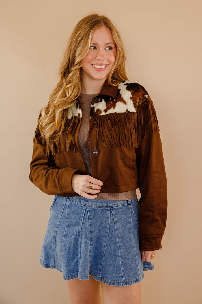 Women's Faux Suede Cowhide Jacket- Women's Western Fringe Jacket- Women's Rodeo Outfit