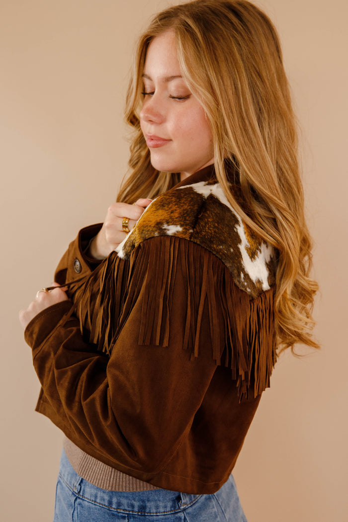 Women's Faux Suede Cowhide Jacket- Women's Western Fringe Jacket- Women's Rodeo Outfit