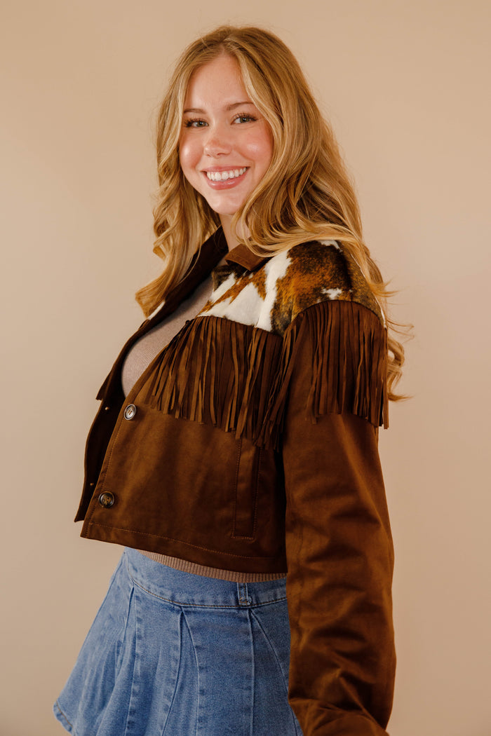 Women's Faux Suede Cowhide Jacket- Women's Western Fringe Jacket- Women's Rodeo Outfit