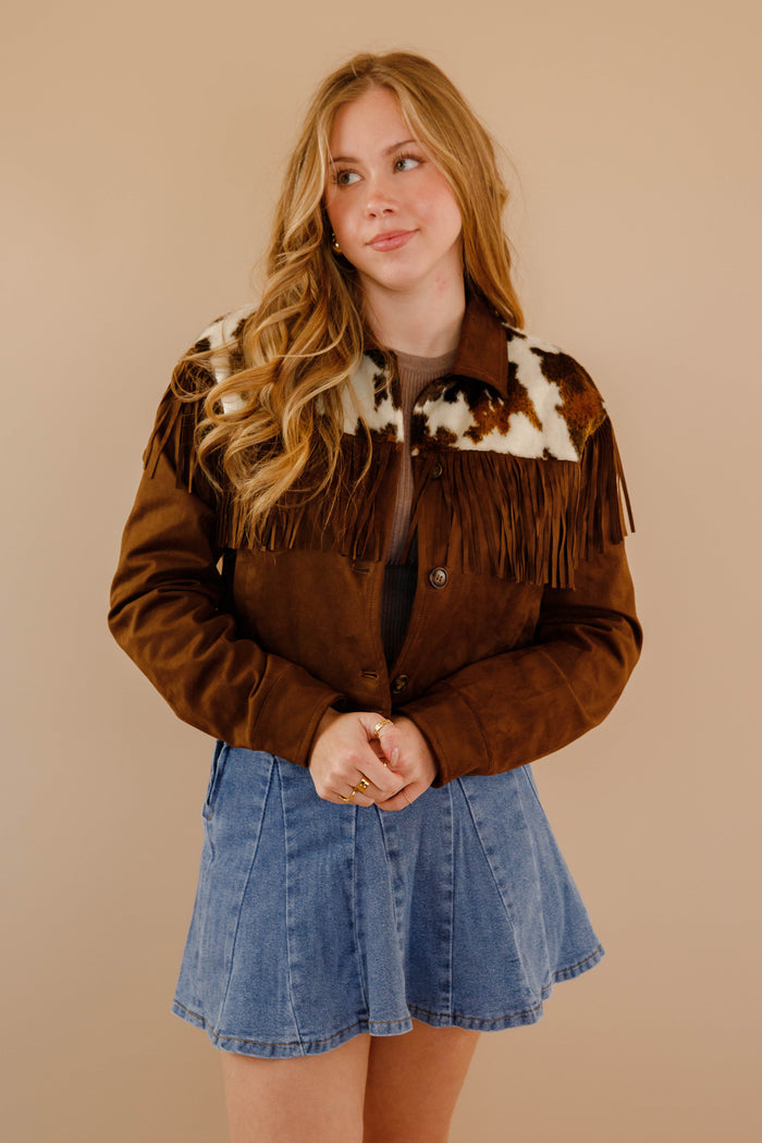 Women's Faux Suede Cowhide Jacket- Women's Western Fringe Jacket- Women's Rodeo Outfit